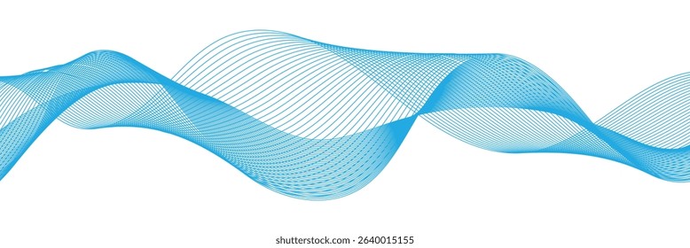Abstract blue smooth wave on a white background. Technology, data science, geometric border pattern. Frequency Sound Wave, Twisted Curve Lines with Blend Effect. Vector illustration