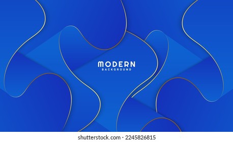 Abstract blue smooth wavy background with golden line waves