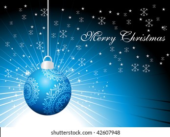 abstract blue snowfall background with hanging decorated ball