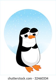 abstract blue snowfall background with little penguin