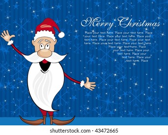 abstract blue snowflake background with cartoon santa claus