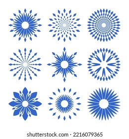Resumen de copos de nieve azules, flores e iconos de las estrellas. Conjunto de elementos de diseño. Arte vector.