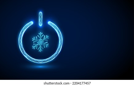 Abstract blue snowflake in power button.  Low poly style design. Geometric background. Wireframe light connection structure. Modern 3d graphic. Vector illustration.