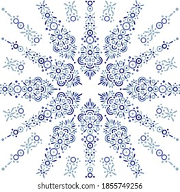 Abstrakte blaue Schneeflocke auf weißem Hintergrund. Modernes flaches Grafikdesign. Vektorgrafik. Drucken Sie nach Grußkarte, Postkarte, Poster, Urlaubseinladungsvorlage.