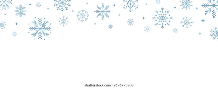 Abstract blue snowflakes border on white background. Minimal winter banner for Christmas and New Year greeting cards, invitations, social media headers, website design, and festive decoration. 