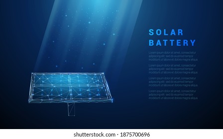 Abstrakte blaue Solarbatterien, Solarmodule, erneuerbare Energien. Low-Poly-Design. Geometrischer Hintergrund. Verbindungsstruktur für die Wireframe-Beleuchtung. Modernes 3D-Grafikkonzept. Einzige Vektorgrafik.