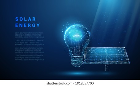 Abstract blue solar panel with light bulb. Renewable energy. Low poly style design. Geometric background. Wireframe light connection structure. Modern 3d graphic concept. Isolated vector illustration.