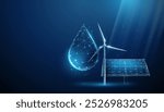 Abstract blue solar panel, wind turbine and drop of water. Renewable power generation, green energy concept. Alternative source of energy. Low poly style. Wireframe light connection structure Vector.