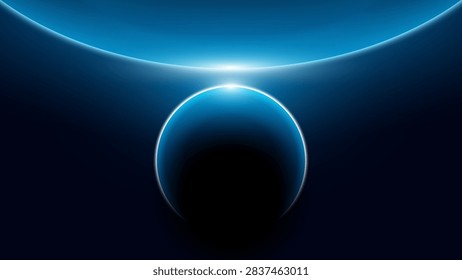 Abstract Blue Space Eclipse Background with Glowing Planet Horizon and Futuristic Cosmic Light