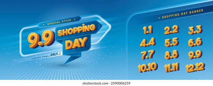 Abstract Blue Speech Bubble Arrow Sign, Shopping Day Sale Banner Template Design, Shopping Day Promotion of every month, Calendar Shopping Day festival. Numbers 1, 2, 3, 4, 5, 6, 7, 8, 9, 10, 11, 12