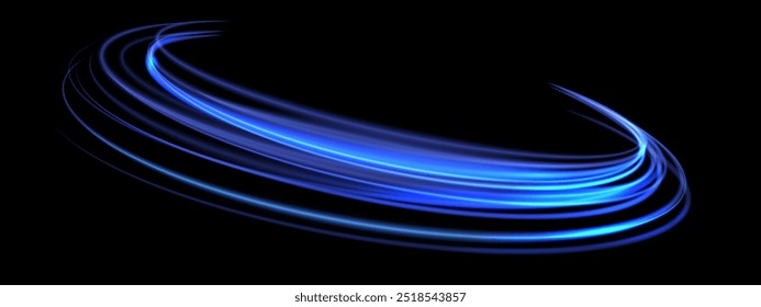 Abstract blue speed light lines neon ring glowing circle round movement on black background vector illustration.