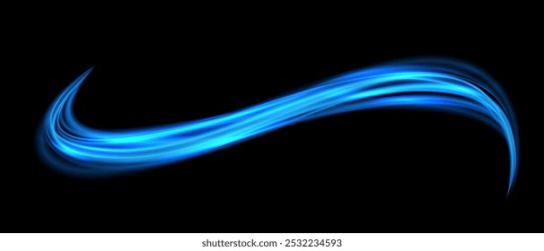 Abstract blue speed light lines neon glowing curve wave movement on black background vector illustration.