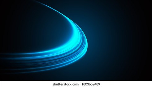 Abstract blue speed lights movement forming round disk shape or light way through space, digital tech background cover