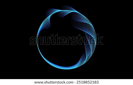 Abstract blue sphere, circles lines wavy in round frame blue green gradient on black background. Vector illustration