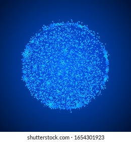 Abstract blue sphere of glowing light particles on dark blue space background. Atomic molecular design technologies. Graphic style for presentation, scientific, medicine design. Vector illustration