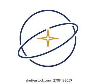Abstrakte blaue Kugel mit kreisenden Ellipsen und goldenem Stern platzen im Zentrum, die globale Verbindung oder Innovation darstellt.