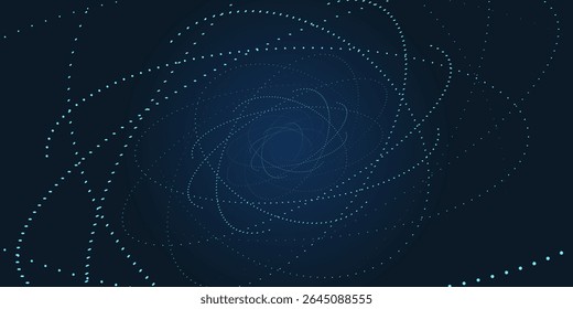 Abstract blue spiral particle design on dark background, resembling a vortex or galaxy. Ideal for technology, science, and space-related digital artwork or presentations