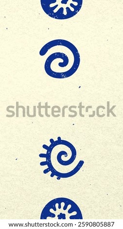 Abstract blue spiral patterns on a textured beige background. Spirals repeat vertically. Artistic, abstract design with blue spirals on beige. Vector illustration.