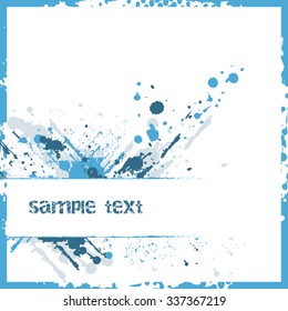 Abstract blue splash vector illustration with grunge frame, stains and halftone effect/design with place for your content or creative editing.