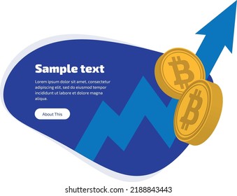 Abstract blue spot with space for text and blue bitcoin growth arrow and two gold bitcoin coins on white background. Template for cover, flyer or banner. Digital virtual cryptocurrency. Vector eps 10