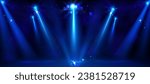 Abstract blue spotlight show stage for party event. Night luxury concert podium for award and winner design backdrop. Premium anniversary ceremony with bright shine. Empty fame studio with glitter