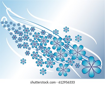 Abstract blue spring background with flying flowers
