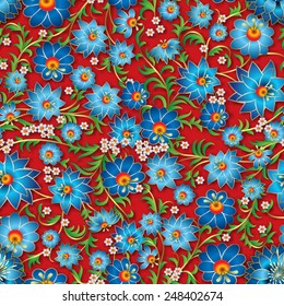 abstract blue spring seamless floral ornament and shadow on a red background