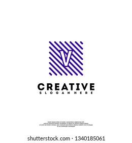 abstract blue square lines with V logo letter design concept
