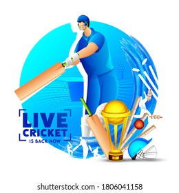 Abstract Blue Stadium View Background with Batsman Player and Golden Trophy Cup for Live Cricket Is Back Now.