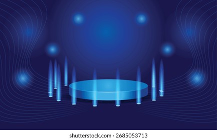 Fundo de palco azul abstrato com tons de gradiente e efeito de destaque suave, ideal para banners, apresentações ou gráficos de eventos.