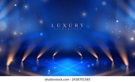 Escenario azul abstracto con iluminación dinámica y efectos de estrellas brillantes, perfecto para entretenimiento y eventos de gala. Conceptos de fondo de lujo.