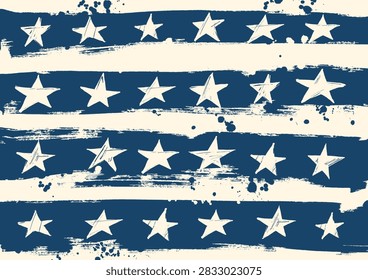 Abstract blue star pattern with rough brush stripes and splatter texture, modern grunge vector background inspired by distressed vintage flag style.