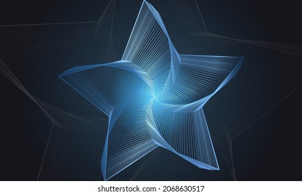 Abstract blue star shape from lines on black background. Luxury 3d vector illustration.