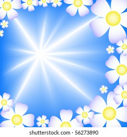 abstract blue starry background with daisies around the edges