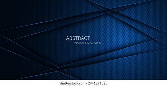 Abstract blue steel mesh background with blue glowing lines with free space for design. Modern technology innovation concept background. Perforated dark blue metal sheet for background image.	