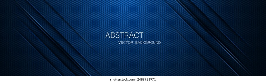 Abstract blue steel mesh background with blue glowing lines with free space for design. Modern technology innovation concept background. Perforated dark blue metal sheet for background image.	