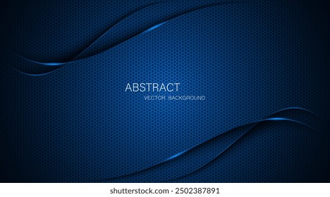 Abstract blue steel mesh background with blue glowing lines with free space for design. Modern technology innovation concept background. Perforated dark blue metal sheet for background image.	