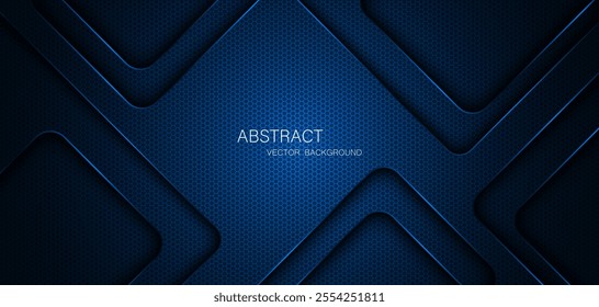 Abstract blue steel mesh background with blue glowing lines with free space for design. Modern technology innovation concept background. Perforated dark blue metal sheet for background image.	