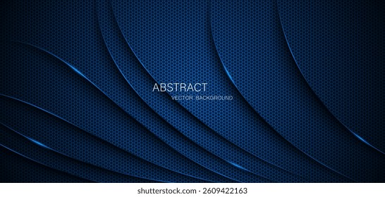 Abstract blue steel mesh background with blue glowing lines with free space for design. Modern technology innovation concept background. Perforated dark blue metal sheet for background image.	