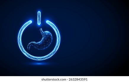 Abstrato estômago azul dentro de um botão de energia. Conceito de proteção da saúde estomacal e tratamento personalizado. Estilo neon de tecnologia wireframe digital futurista de baixo poli. Fundo geométrico. Vetor.
