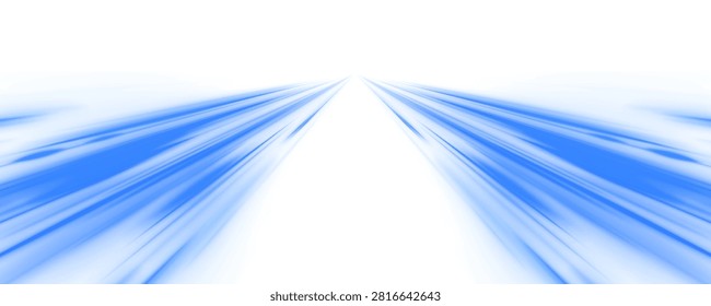 Abstract blue streaks of light converging towards a vanishing point on a white background representing speed and motion on transparent background