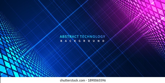 Abstract blue stripe glowing lines background with decoration square pattern. Technology concept. Vector illustration