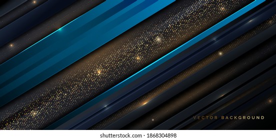Abstract blue stripe lines with glitter gold dot on black background. Luxury style. Vector illustration