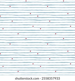 Abstract Blue Striped Seamless Pattern Red Hearts. Love Background for Valentine's day or Birthday. Vector illustration