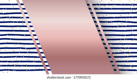 Abstrakte blaue Streifen Muster und goldener glänzender Hintergrund mit rosafarbenem goldenem Etikett. Vektorgrafik