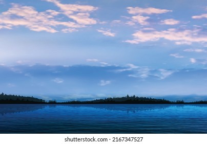 abstract blue sunset background with forest lake and white clouds