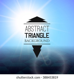 Abstract blue sunset with triangle field, perspetive pattern in sunny fog, geometrical vibrant multicolored vector background illustration