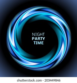 Abstractas círculo de remolino azul sobre fondo negro. Ilustración vectorial para su diseño moderno. Marco redondo o Anuncio con lugar para texto. Hora de la fiesta nocturna.