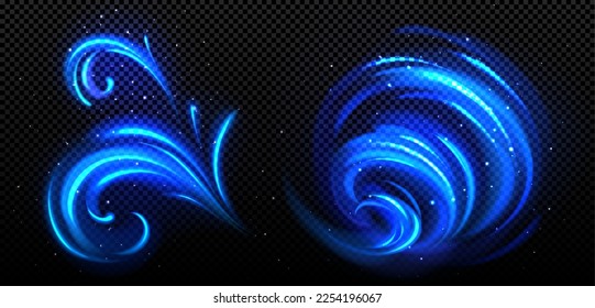 Abstract blue swirl, cold wind motion, twirls and flows. Spiral and curl light lines with sparkles. Effect of winter air vortex, blizzard, vector realistic illustration