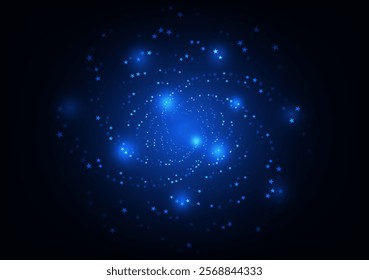 Abstract blue swirl with sparkling stars on a dark background. This mesmerizing design evokes cosmic energy and mystery, ideal for projects related to space, the universe, magic, or fantasy.